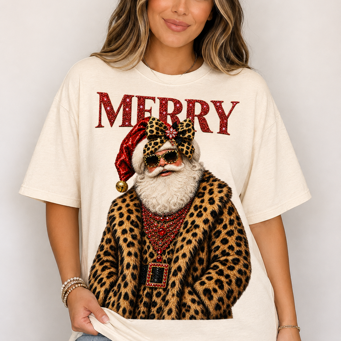 WS: T-SHIRT JUNKIE Merry Leopard Santa Bling Tee-DIRECT TO GARMENT on Simply Obsessed