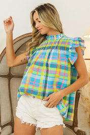 BiBi Multi Color Check Plaid Woven Top on Simply Obsessed