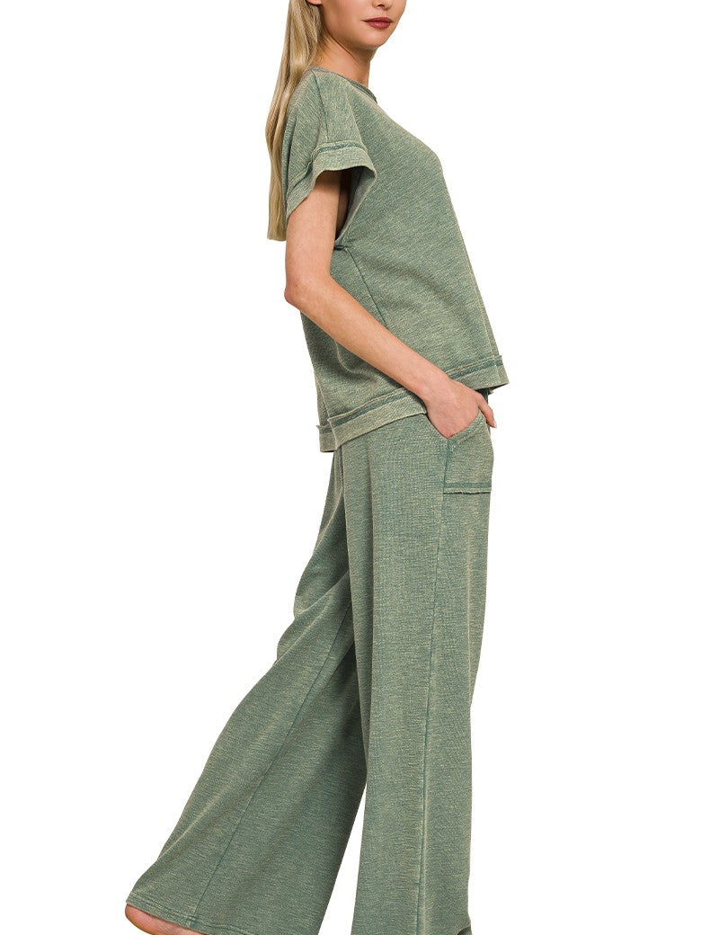 ZENANA Washed Slub Short Sleeve Tee & Long Pants Set on Simply Obsessed