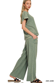 ZENANA Washed Slub Short Sleeve Tee & Long Pants Set on Simply Obsessed