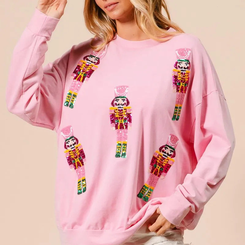 BIBI Sequin Nutcrackers Embroidery Christmas Sweatshirt on Simply Obsessed