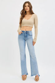 RISEN Full Size Tummy Control Mid Rise Flare Jeans with Fray Hem Detailed Plus Size on Simply Obsessed
