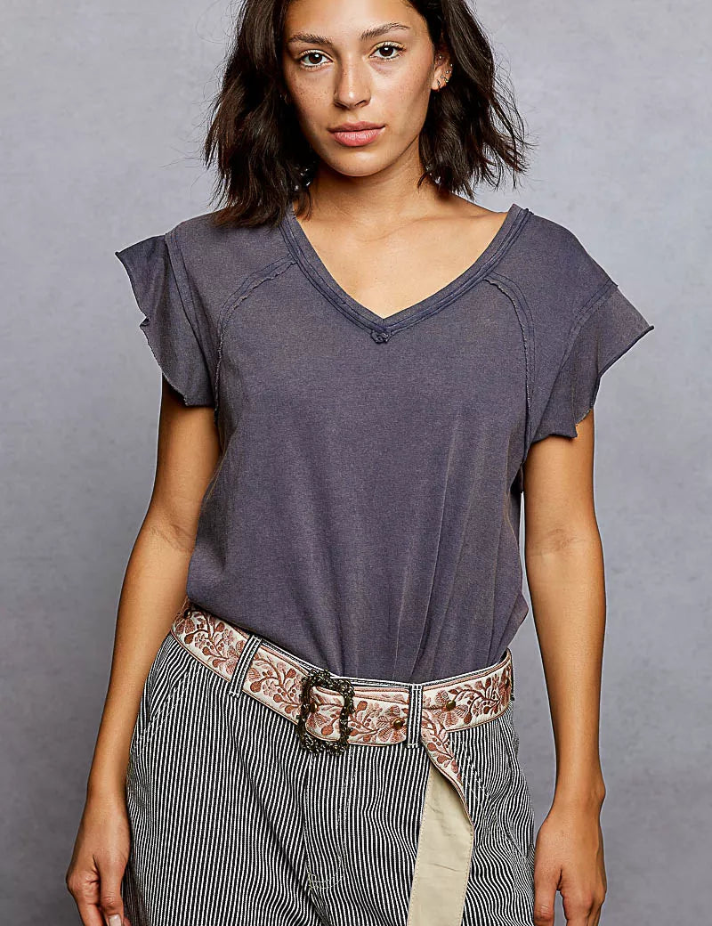 POL V-Neck Short Sleeve T-Shirt with Ruffle Sleeve on Simply Obsessed