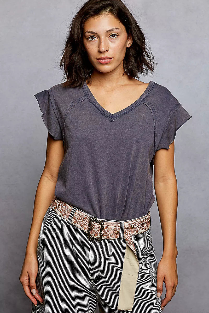 POL V-Neck Short Sleeve T-Shirt with Ruffle Sleeve on Simply Obsessed
