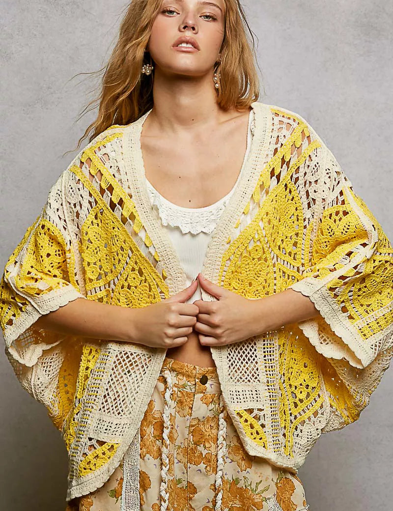 POL Open Front Crochet Cardigan with Scalloped Edge on Simply Obsessed