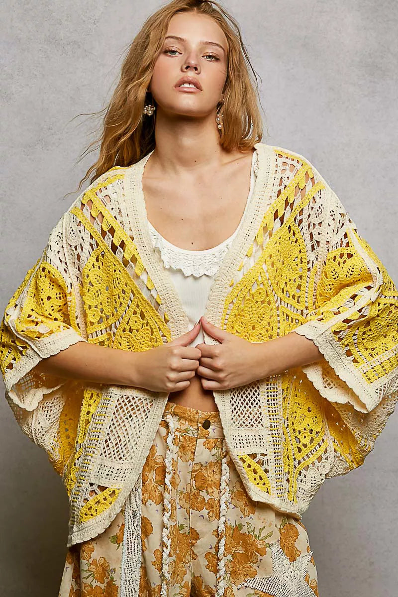 POL Open Front Crochet Cardigan with Scalloped Edge on Simply Obsessed