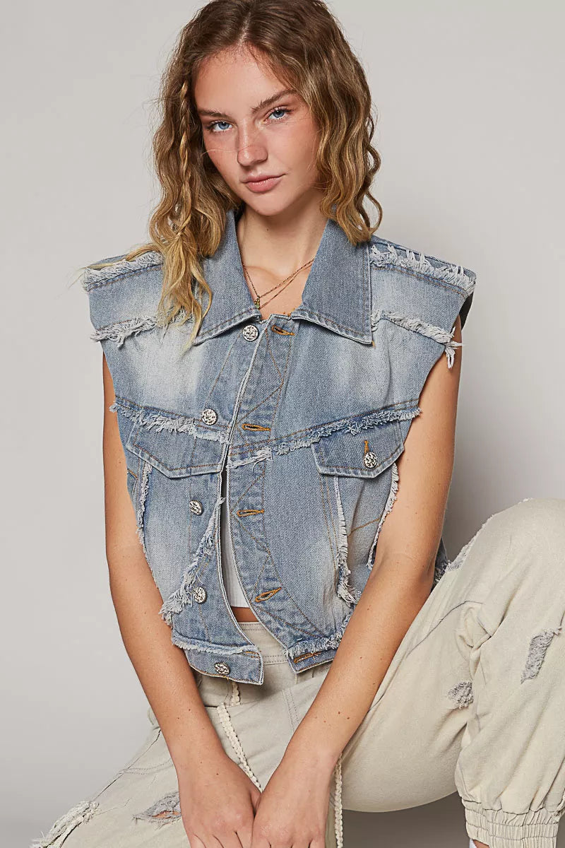 POL Assymetrical Front Closure Raw Hem Denim Vest on Simply Obsessed