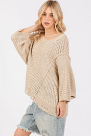 SAGE + FIG Distressed Asymmetrical Open Stitch Sweater on Simply Obsessed