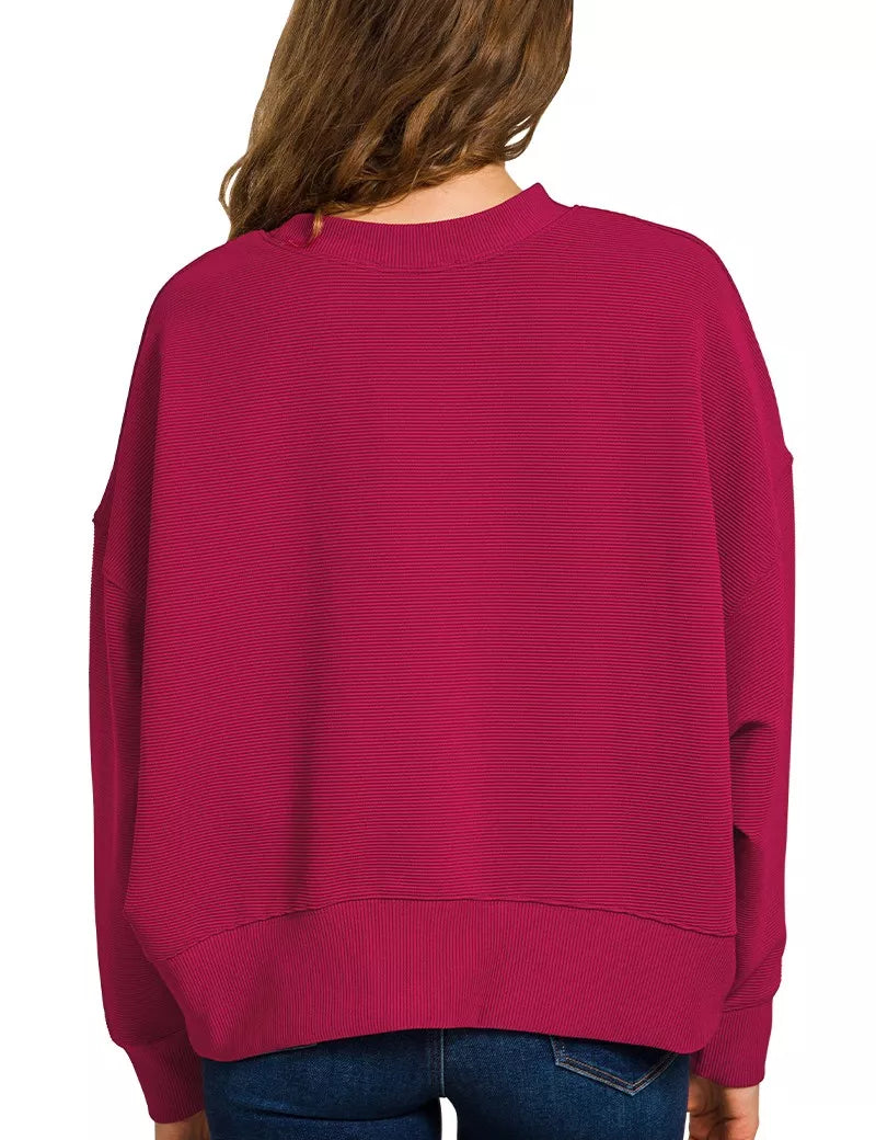 ZENANA Ribbed Round Neck Pullover and Drawstring Pants Set on Simply Obsessed