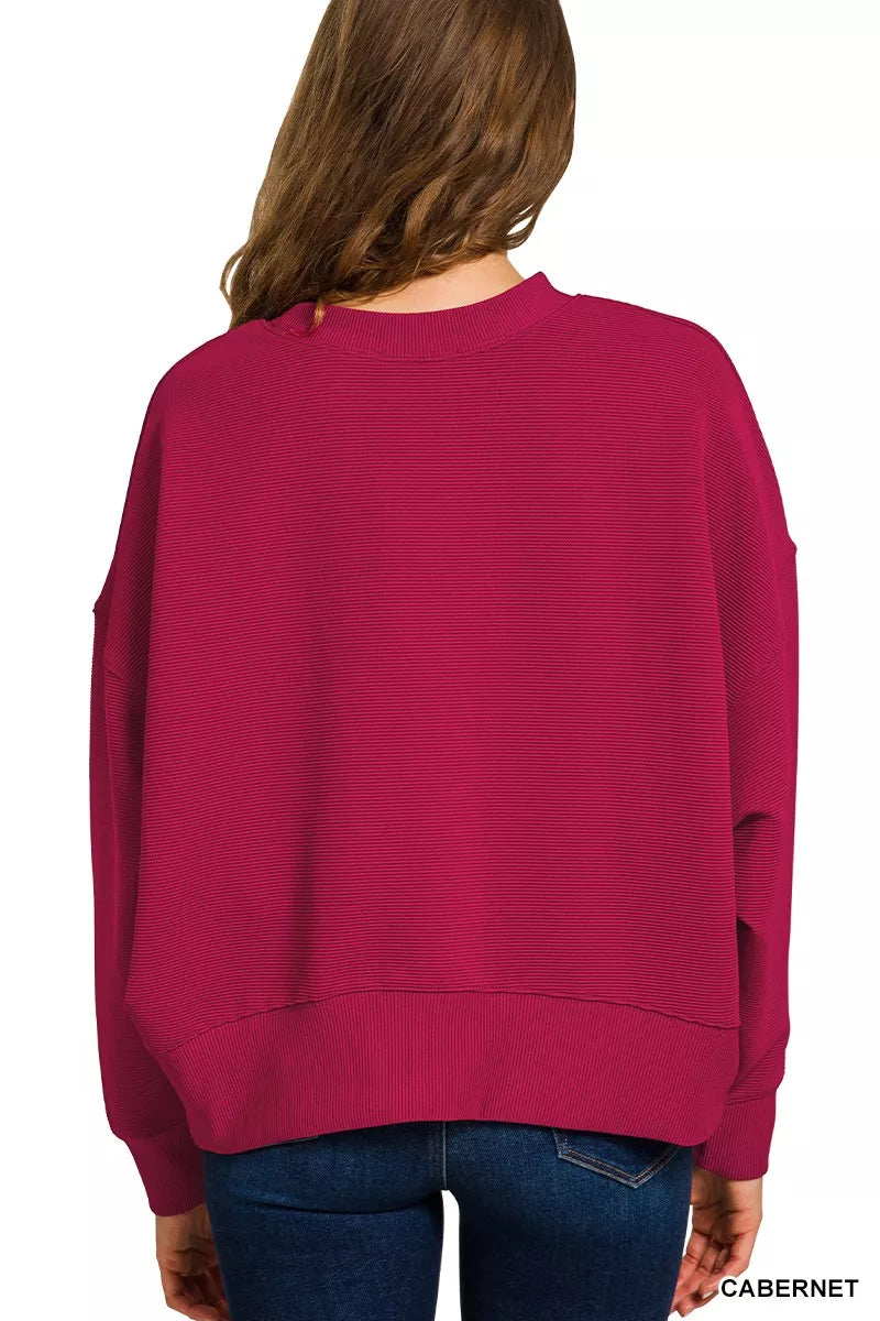 ZENANA Ribbed Round Neck Pullover and Drawstring Pants Set on Simply Obsessed