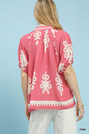 UMGEE Boho Print Split-Neck Short Sleeve Top on Simply Obsessed