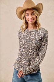 BIBI Leopard Print Washed Waffle Thermal Top with Thumb on Simply Obsessed