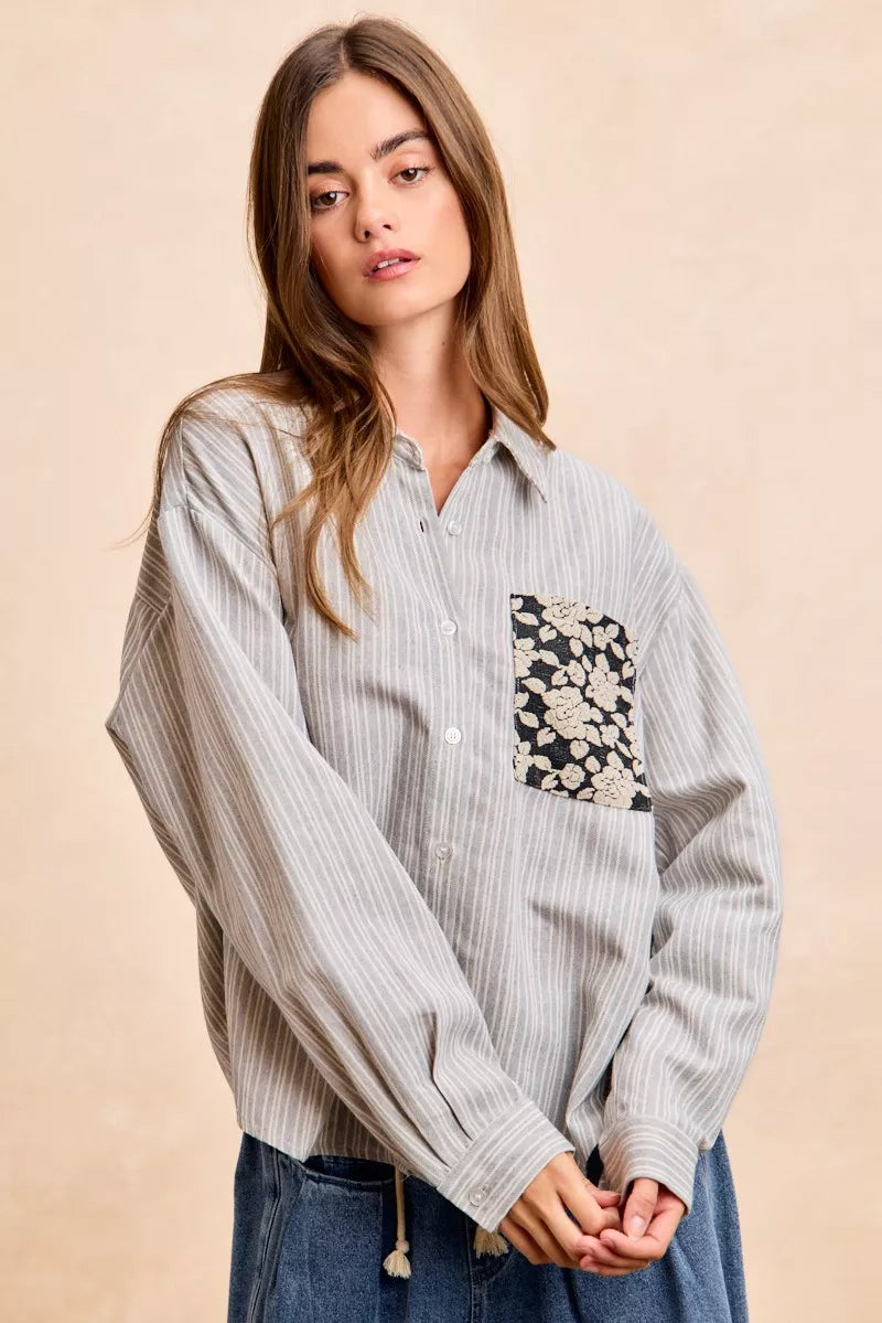BiBi Flower Jacquard Knit Patch Pocket Stripe Shirt on Simply Obsessed