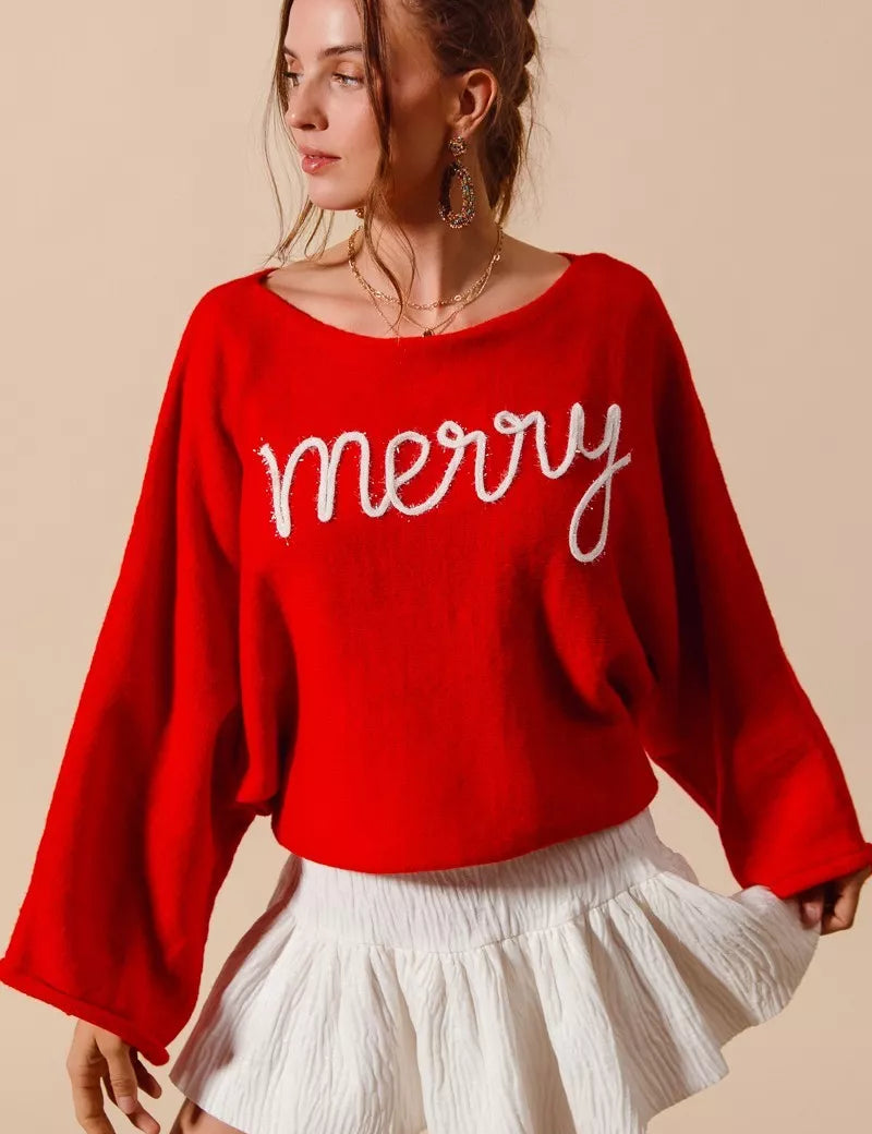 SO ME Merry Tinsel Lettering Christmas Sweater Top on Simply Obsessed