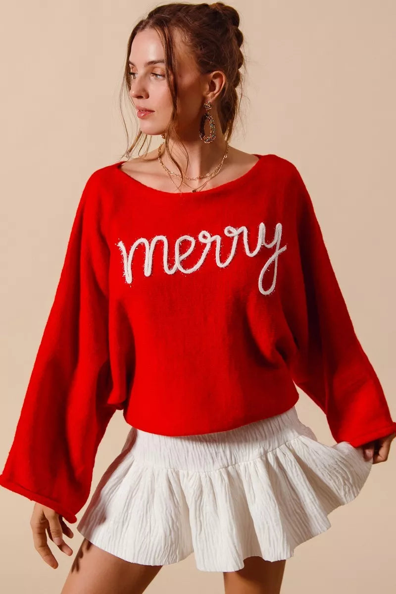 SO ME Merry Tinsel Lettering Christmas Sweater Top on Simply Obsessed