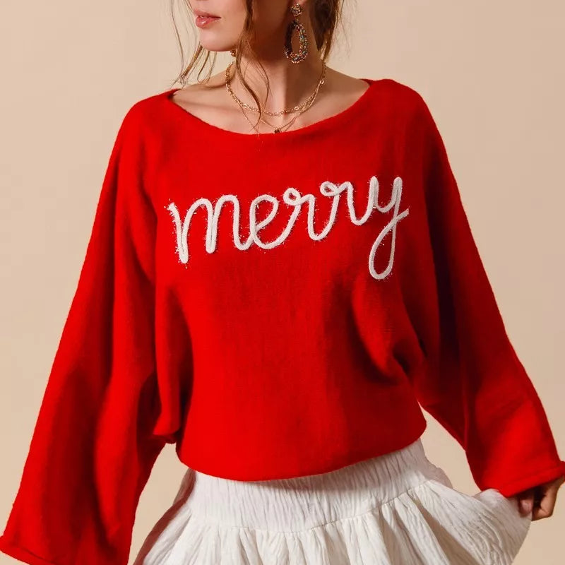 SO ME Merry Tinsel Lettering Christmas Sweater Top on Simply Obsessed