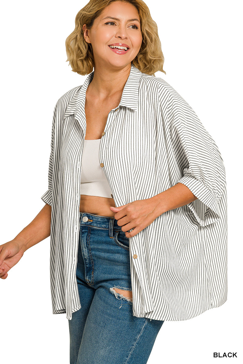 ZENANA Full Size Woven Stripe Button Down Boxy Shirt Plus Size on Simply Obsessed