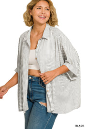 ZENANA Full Size Woven Stripe Button Down Boxy Shirt Plus Size on Simply Obsessed