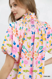 UMGEE Folk Art Print Top with Smocked Detail on Simply Obsessed