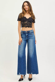 RISEN High Rise Wide Leg Jeans with Distressed Hem on Simply Obsessed
