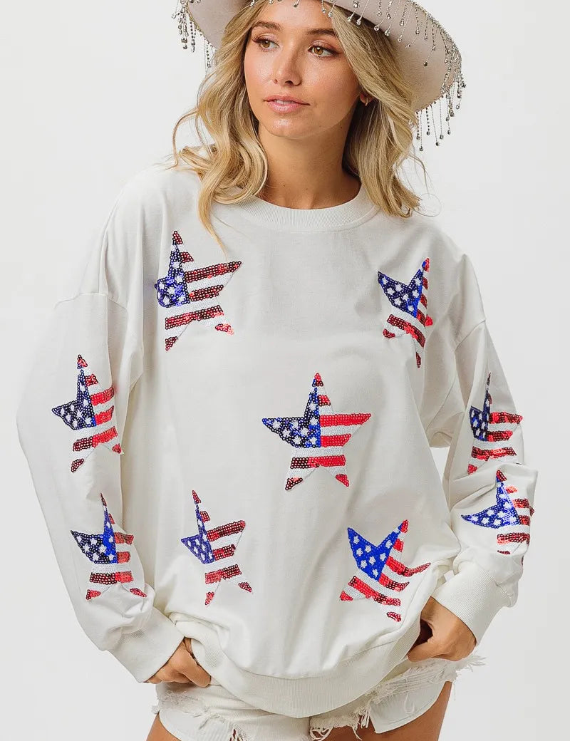BIBI American Flag Sequin Star Sweatshirt on Simply Obsessed