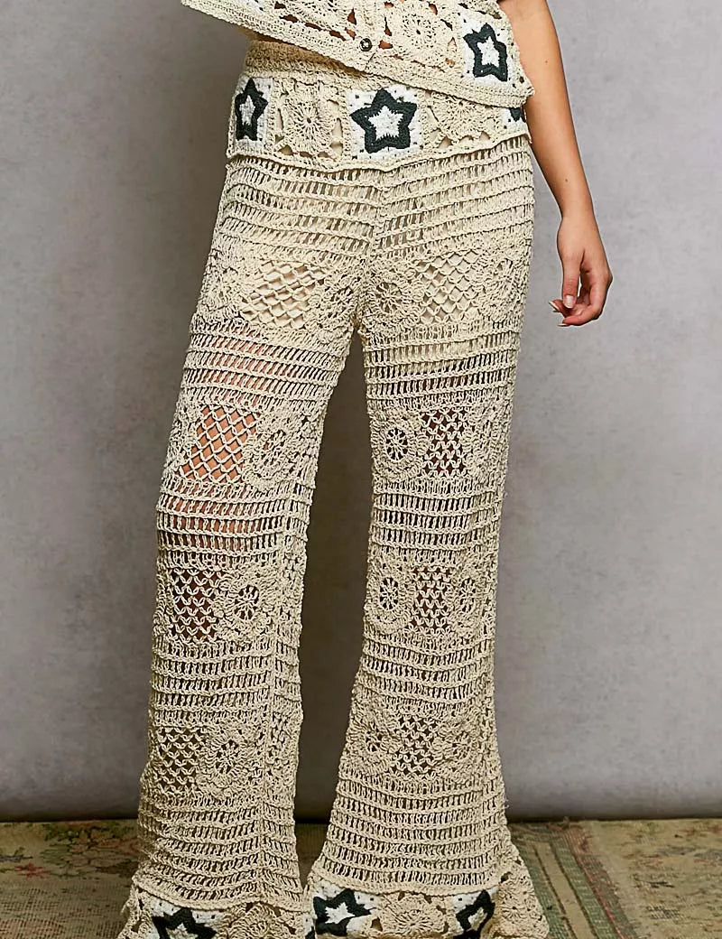 POL Openwork Crochet Flare Pants with Contrast Star on Simply Obsessed