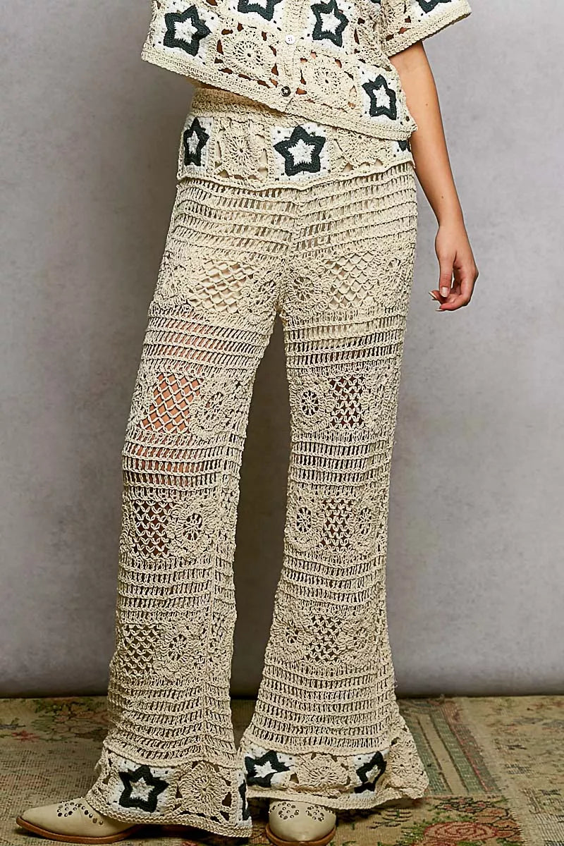POL Openwork Crochet Flare Pants with Contrast Star on Simply Obsessed