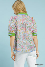 UMGEE Mix Floral Puff Sleeve Blouse with Contrast Trim on Simply Obsessed