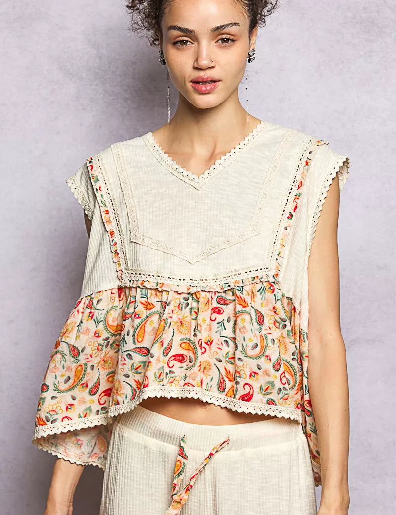POL Lace Detail Floral Cropped Ruffled Top on Simply Obsessed