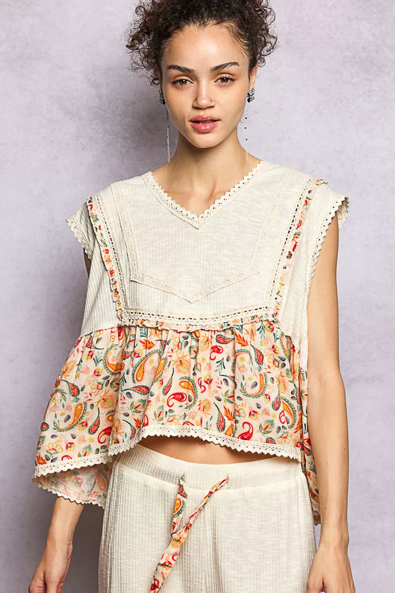 POL Lace Detail Floral Cropped Ruffled Top on Simply Obsessed