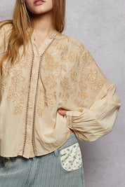 POL Embroidery Button Down Long Sleeve Washed Shirt on Simply Obsessed