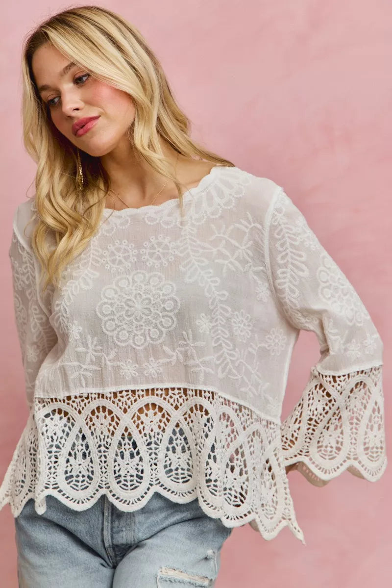 SO ME Floral Embroidered Crochet Lace Trimmed Top **DOORBUSTER** on Simply Obsessed