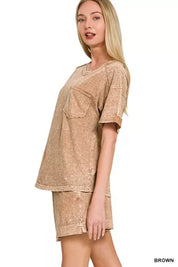 ZENANA Halo Snow Washed Exposed Seam Top & Shorts Set on Simply Obsessed