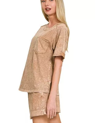 ZENANA Halo Snow Washed Exposed Seam Top & Shorts Set on Simply Obsessed