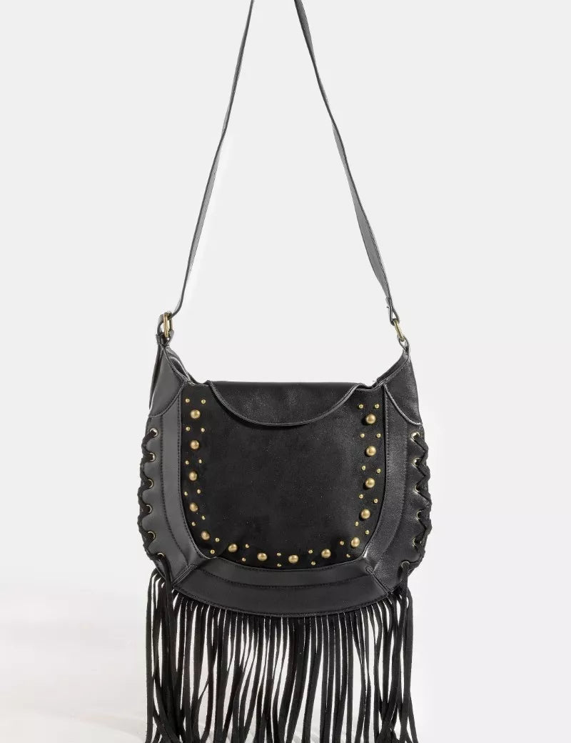 Fame Rivet Trim Suede Fringe Shoulder Bag on Simply Obsessed