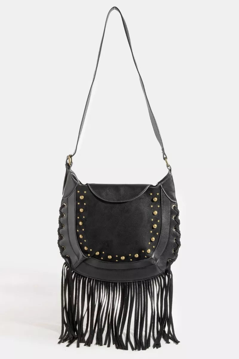 Fame Rivet Trim Suede Fringe Shoulder Bag on Simply Obsessed