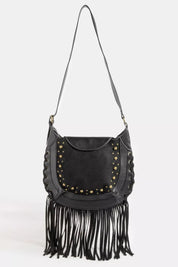 Fame Rivet Trim Suede Fringe Shoulder Bag on Simply Obsessed
