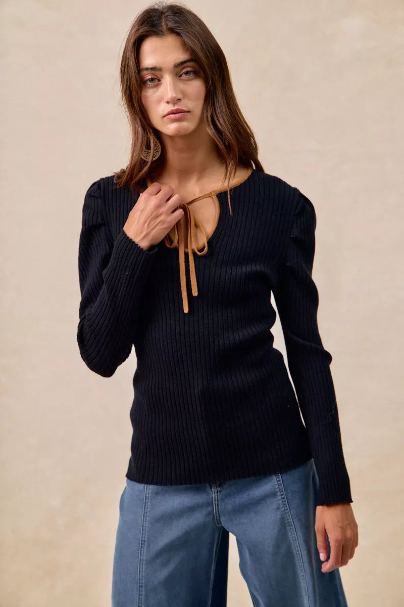 BiBi Ribbed Contrast Front Tied Top with Shrried on Simply Obsessed