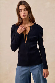 BiBi Ribbed Contrast Front Tied Top with Shrried on Simply Obsessed