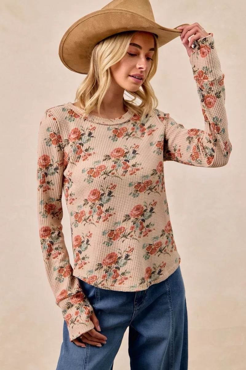 BIBI Floral Print Washed Waffle Thermal Top with Thumb on Simply Obsessed