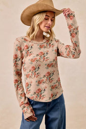 BIBI Floral Print Washed Waffle Thermal Top with Thumb on Simply Obsessed