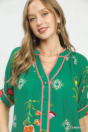UMGEE Botanical Print Contrast Trim Button Blouse **DEBUT SALE** on Simply Obsessed
