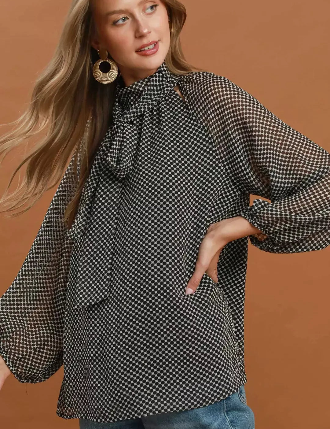 UMGEE Dot Print Tie Neck Long Sleeve Blouse on Simply Obsessed