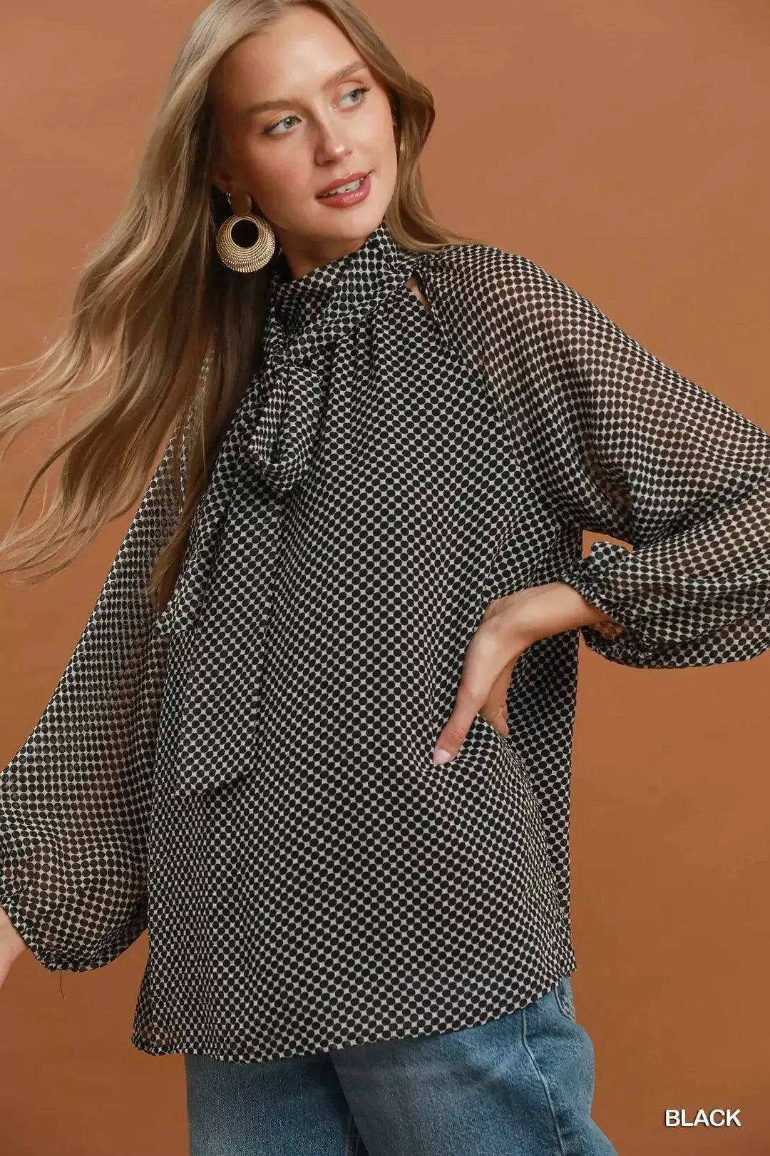 UMGEE Dot Print Tie Neck Long Sleeve Blouse on Simply Obsessed