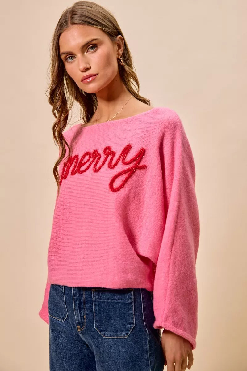 SO ME Merry Tinsel Lettering Christmas Sweater Top on Simply Obsessed
