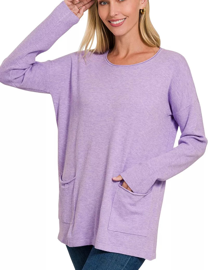 Zenana Viscose Long Sleeve Front Pockets Sweater on Simply Obsessed