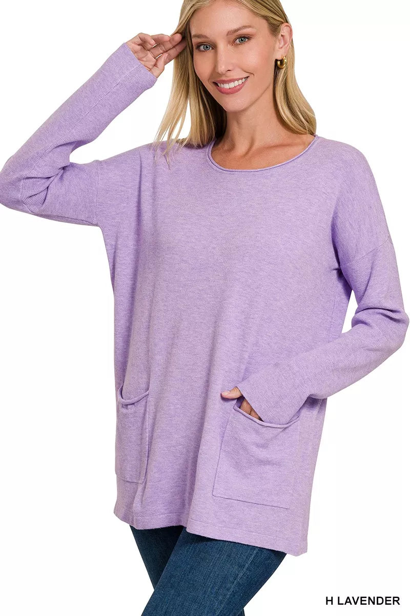 Zenana Viscose Long Sleeve Front Pockets Sweater on Simply Obsessed