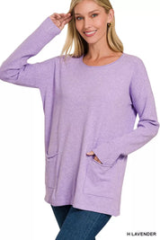 Zenana Viscose Long Sleeve Front Pockets Sweater on Simply Obsessed
