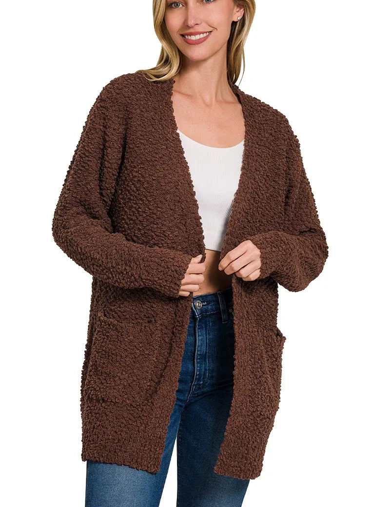 ZENANA Long Sleeve Popcorn Sweater Cardigan with Pockets on Simply Obsessed