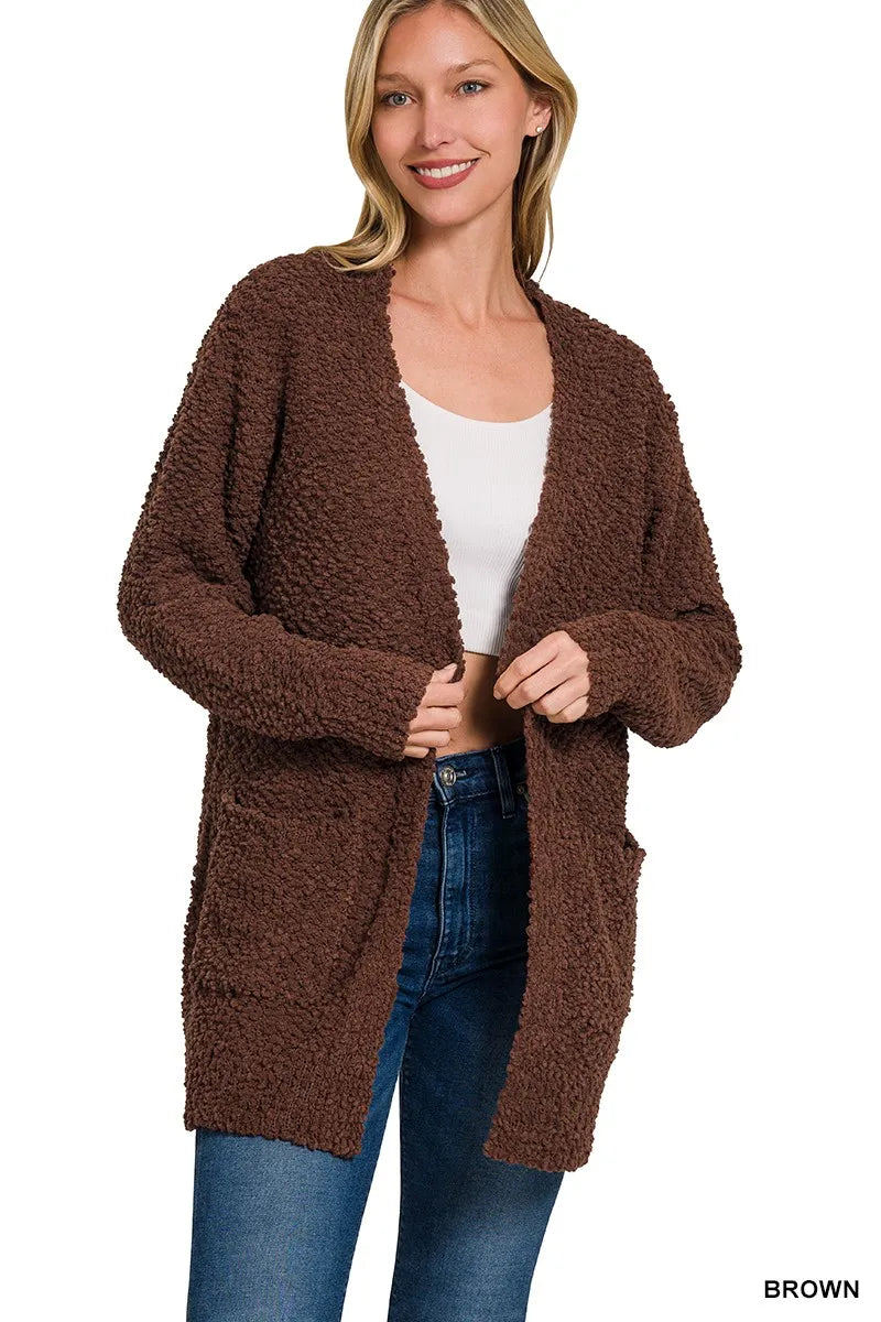ZENANA Long Sleeve Popcorn Sweater Cardigan with Pockets on Simply Obsessed